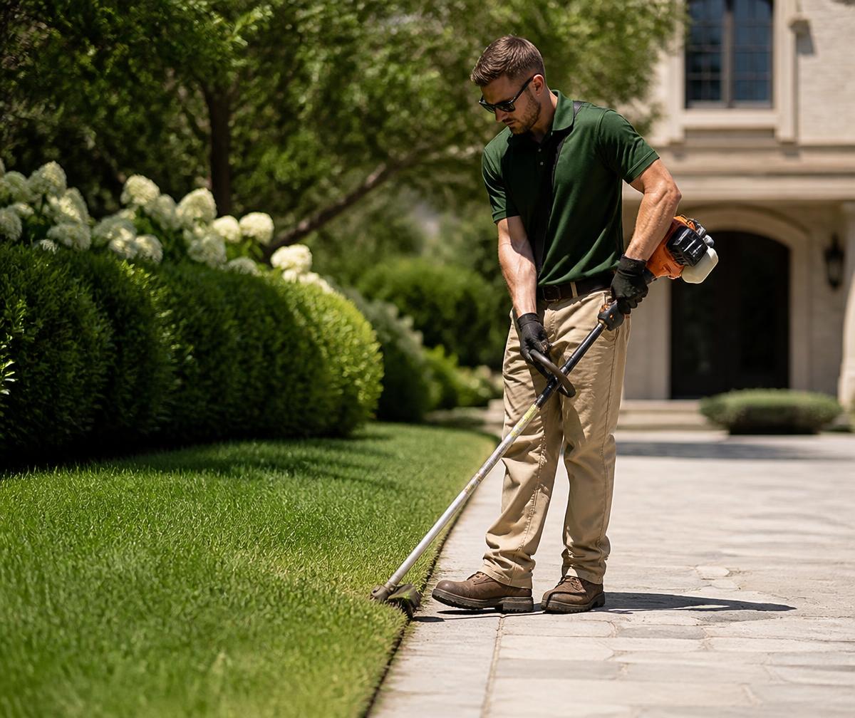 Nature's Choice crew member edging a lawn along a stone walkway